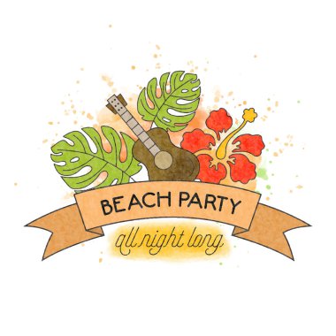 Plaj partisi. Suluboya yaz tatili afişi. Yaz afişi. 