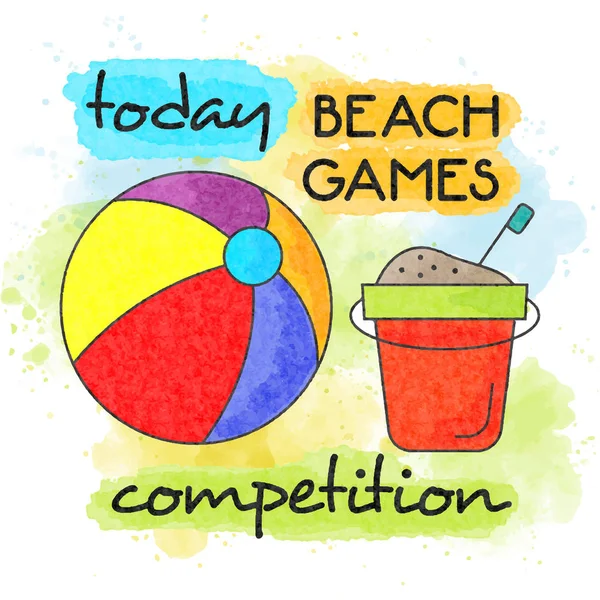 Concurso de juegos de playa. Acuarela cartel de vacaciones de verano. Banner de verano . — Archivo Imágenes Vectoriales