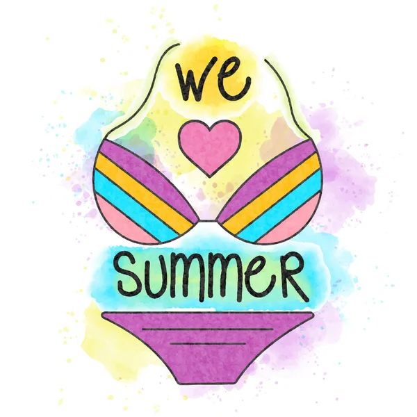 私たちは夏が大好きです。水彩画の夏休みポスター。夏のバナー. — ストックベクタ