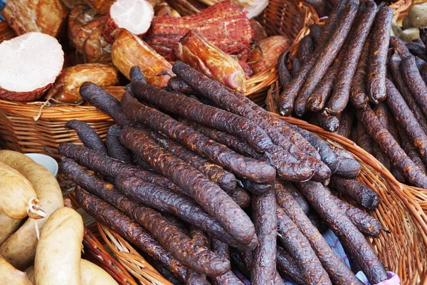 Salsichas Defumadas Outra Carne Porco Como Fundo Agradável — Fotografia de Stock