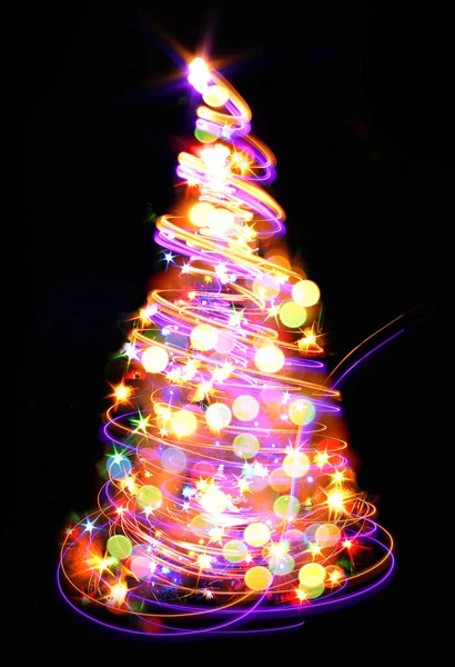 Albero Natale Con Luci Colore Nella Notte — Foto Stock