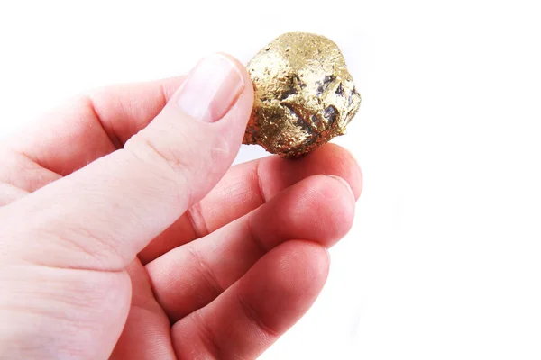 golden nugget in human hand isolated on the white background