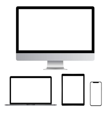 Gerçekçi bilgisayar, dizüstü bilgisayar, Tablet ve akıllı telefon boş Isolated beyaz arka plan üzerinde ekran. Aygıt Mockup ayrı gruplar ve katmanları vektör eps 10 dizi