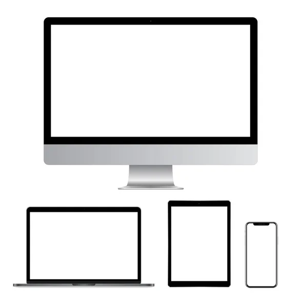 逼真的电脑 笔记本电脑 平板电脑和智能手机在白色背景下被隔离空白屏幕 一套设备样机独立组和层向量 Eps — 图库矢量图片