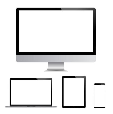 Modern bilgisayar monitör, dizüstü bilgisayar, dijital tablet ve boş ekran cep telefonunuzla kaliteli şekilde ayarlayın. Beyaz arka plan üzerinde izole. vektör eps 10