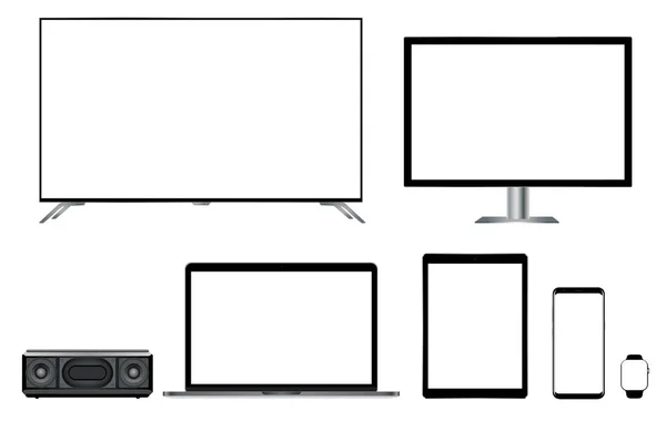 モックアップ設定現実的なモニターのラップトップ タブレット電話スマートウォッチ スピーカー ベクター Eps — ストックベクタ