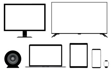 Mockup gerçekçi monitör dizüstü tablet telefon smartwatch hoparlör vektör eps 10 ayarla.