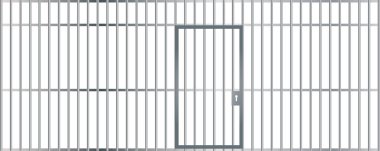 A front view of the bars of a jail cell with iron bars and a door on an isolated background vector eps 10 clipart