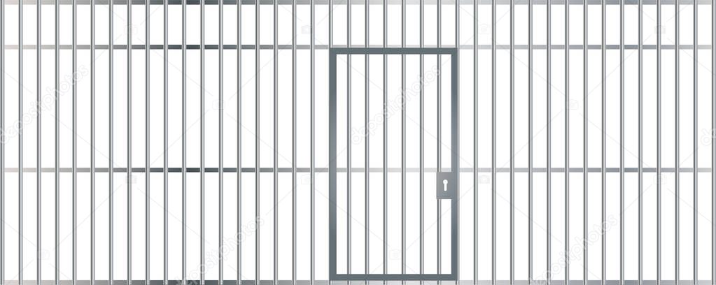 A front view of the bars of a jail cell with iron bars and a door on an isolated background vector eps 10