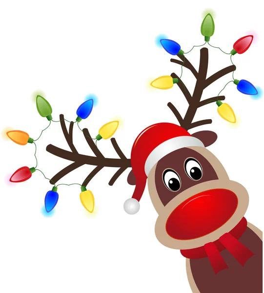 Personaje Navideño Rudolph Con Luz Cabeza Reno Feliz Con Vector — Vector de stock