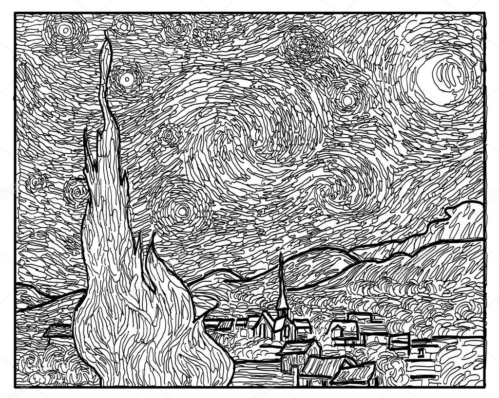 coloring book Starry night Van Gogh art style vector eps 10