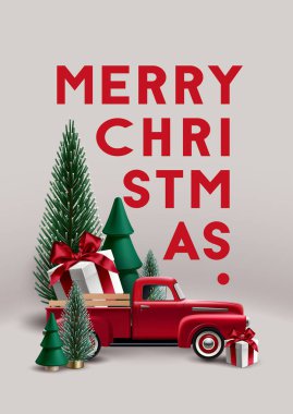 Noel ağaçlarıyla Noel kompozisyonu, eski model oyuncak kırmızı kamyonet ve hediye kutusu..
