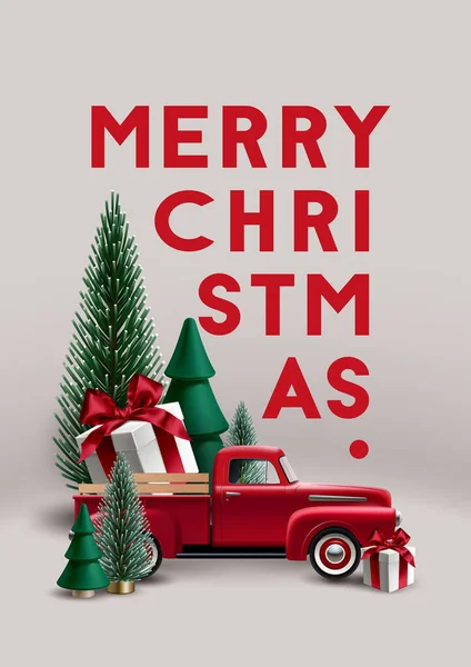 Weihnachtskomposition Mit Weihnachtsbäumen Rotem Pickup Truck Und Geschenkbox — Stockvektor