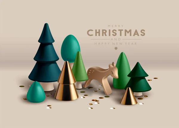Christmas Composition Christmas Trees Toy Wooden Deer — Stock Vector