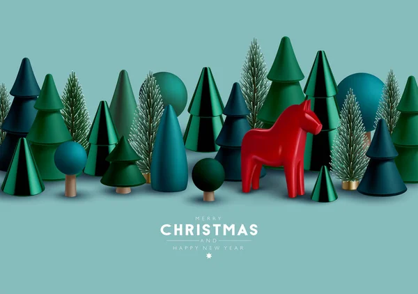 Weihnachten Horizontale Grenze Mit Weihnachtsbäumen Und Traditionellen Skandinavischen Spielzeugpferd — Stockvektor