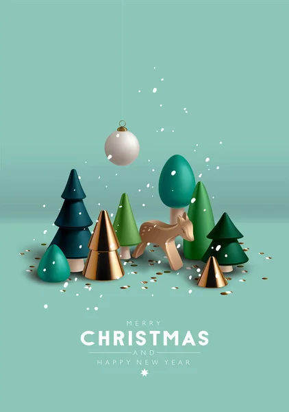 Χριστουγεννιάτικη Σύνθεση Χριστουγεννιάτικα Δέντρα Και Ξύλινο Ελάφι Παιχνίδι — Διανυσματικό Αρχείο