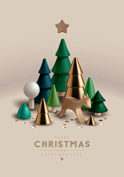 Χριστουγεννιάτικη Σύνθεση Χριστουγεννιάτικα Δέντρα Και Ξύλινο Ελάφι Παιχνίδι Royalty Free Εικονογραφήσεις Αρχείου