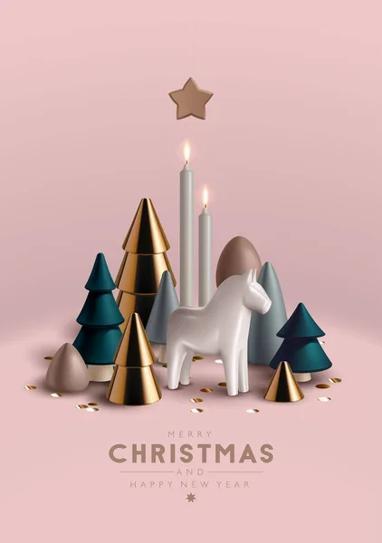 Weihnachtskomposition Mit Weihnachtsbäumen Und Traditionellen Skandinavischen Spielzeugpferden Vektorgrafiken