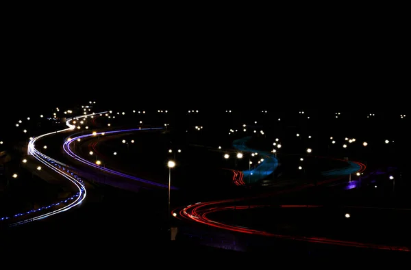 Luzes Abstratas Carros Junção Rodoviária Com Ponte — Fotografia de Stock