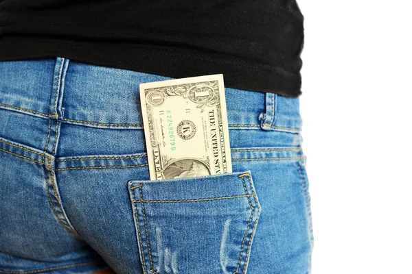 Uma Nota Dólar Nos Bolsos Traseiros Dos Calções Uma Mulher — Fotografia de Stock