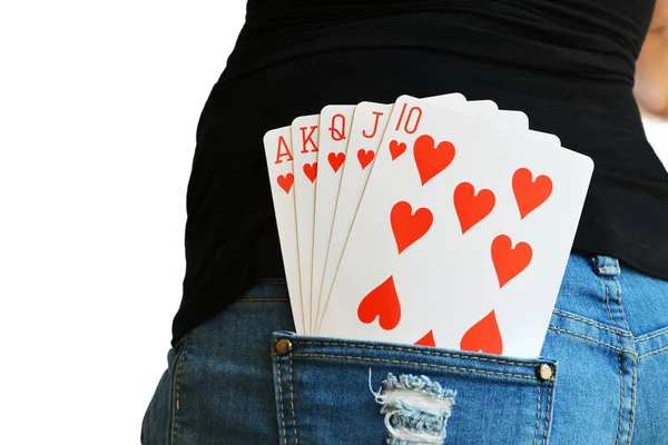 Carte Gioco Dritte Nella Tasca Posteriore Una Signora Jeans — Foto Stock