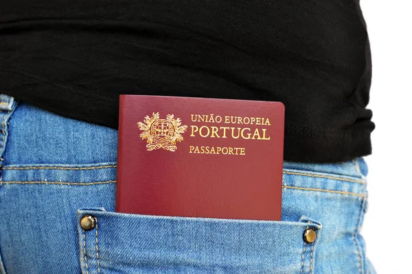 Portugalski Paszport Prowadzone Tylnej Kieszeni Spodni Jeans — Zdjęcie stockowe