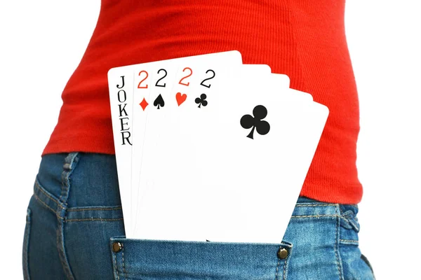 Four cards with a Joker in a rear pocket of a lady in Jeans