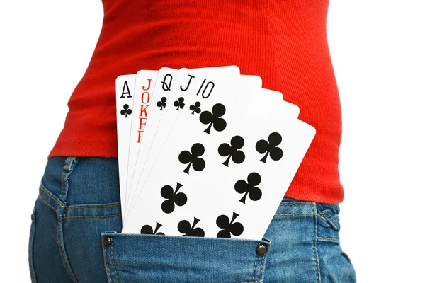 Quattro Carte Con Joker Nella Tasca Posteriore Una Signora Jeans — Foto Stock