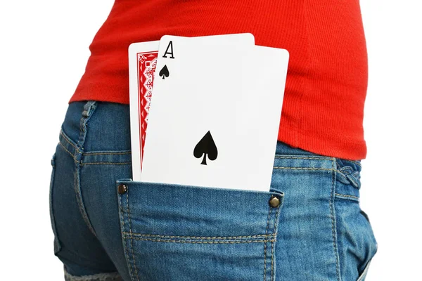 Ein Ass Und Versteckte Spielkarten Der Hinteren Hosentasche Einer Jeans — Stockfoto