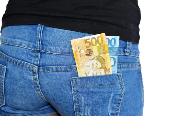 One Thousand Five Hundred Filipino Pesos Bills Rear Pocket Woman Stock Picture