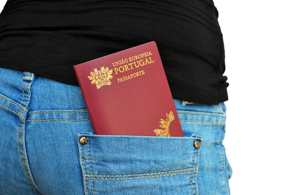 Passaporte Português Mostrado Bolso Traseiro Das Calças Jeans Imagem De Stock