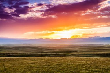 Doğu Türkistan Çin günbatımı sırasında otlak