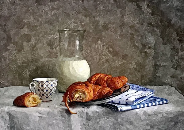 Fresh loaf and a glass of milk. Breakfast. Painting wet watercolor on paper. Naive art. Abstract art. Drawing watercolor on paper.