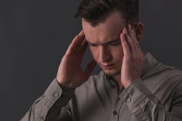 Tired Young Businessman Smart Shirt Massaging His Temples Gray Background — Stock Photo, Image