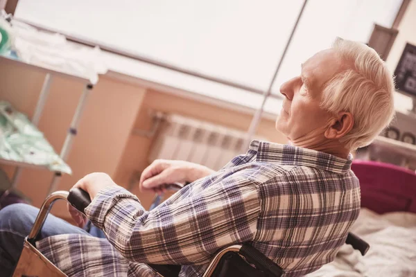 Handsome Old Man Smiling While Sitting Wheelchair Hospital Ward — Stock Photo, Image