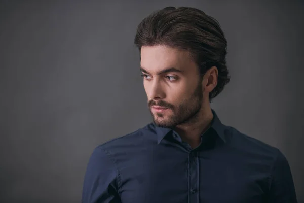 Handsome Confident Businessman Bristle Dark Blue Shirt Looking Away Gray — Stock Photo, Image