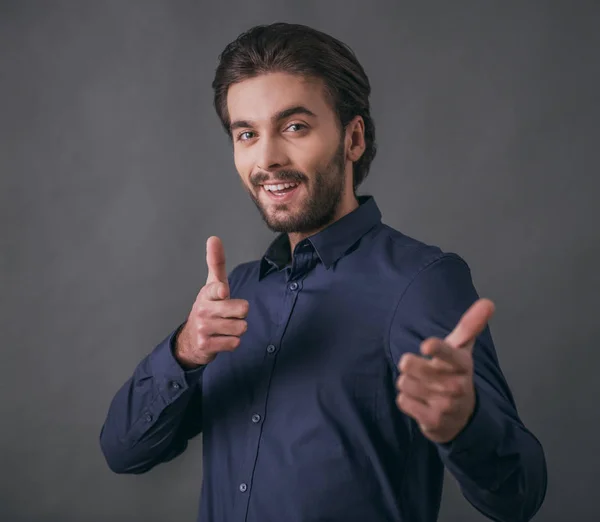 Handsome Confident Businessman Bristle Dark Blue Shirt Looking Pointing Camera — Stock Photo, Image