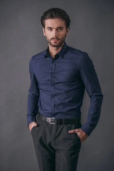 Handsome Confident Businessman Bristle Dark Blue Shirt Looking Camera Hands — Stock Photo, Image
