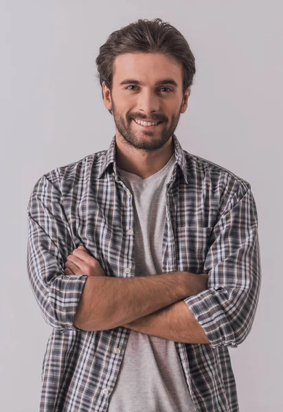 Handsome Bearded Man Casual Clothes Looking Camera Smiling While Standing — Stock Photo, Image