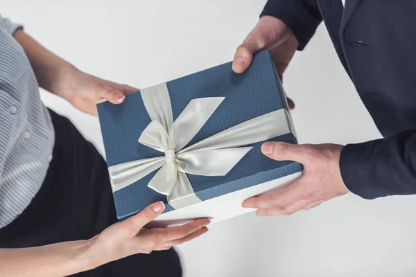 Cropped Image Couple Office Clothes Holding Gift Box Isolated White — Stock Photo, Image