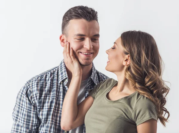 Beautiful Young Couple White Background Girl Touching Her Boyfriend Cheek — Stock Photo, Image