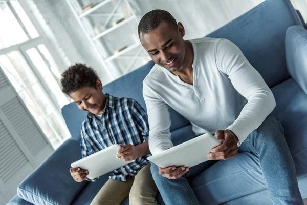 Happy Afro American Father Son Casual Clothes Using Digital Tablets — Stock Photo, Image
