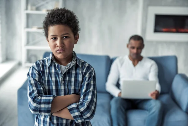 Afro American Boy Holding Arms Crossed Looking Offendedly Camera While — Stock Photo, Image