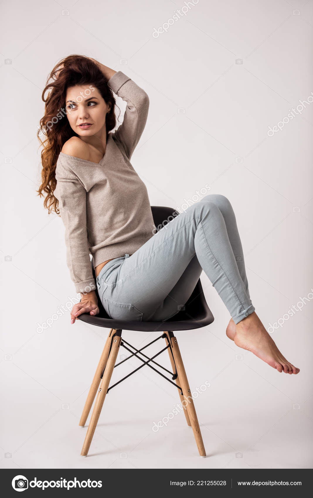 Portrait Young Beautiful Girl Sitting Chair Smiling Camera White Background Stock Photo Image By C Georgerudy 221255028