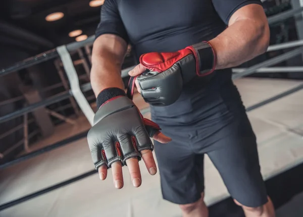 Bijgesneden Afbeelding Van Bokser Bokshandschoenen Zetten Bij Voorbereiding Trainen Sportschool — Stockfoto