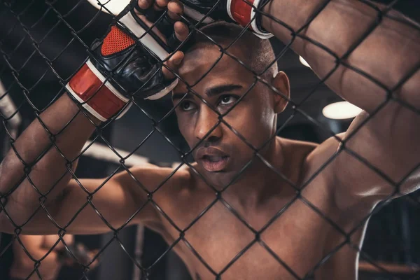 Cansado Luchador Afroamericano Guantes Apoya Red Jaula —  Fotos de Stock