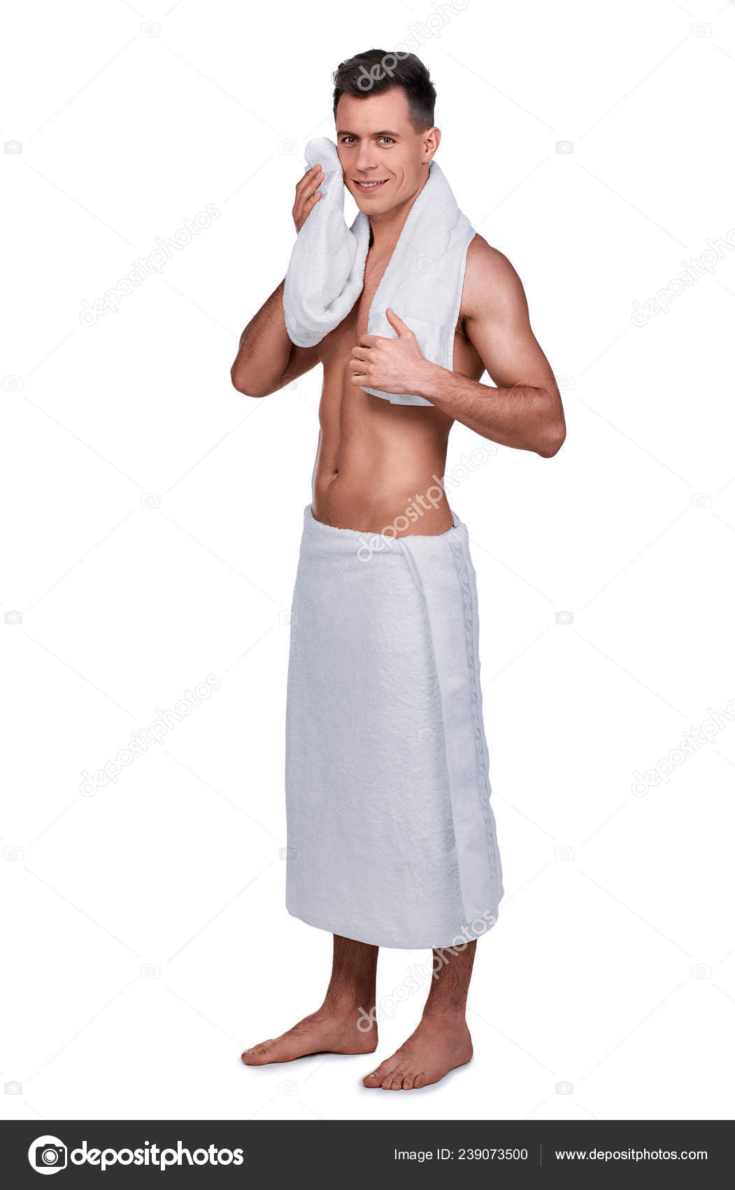 Men s Beauty Full Length Portrait Handsome Man Wrapped Towel Isolated Stock Photo GeorgeRudy 239073500