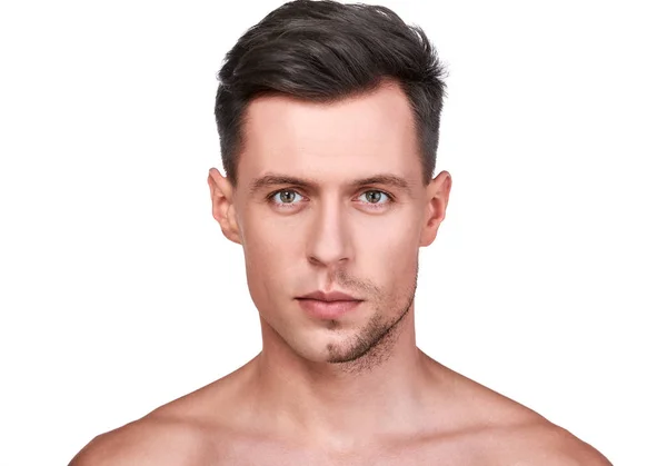 Mannen Schoonheid Portret Van Knappe Man Met Zijn Gezicht Half — Stockfoto