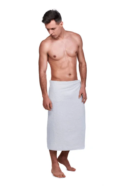 Men Beauty Full Length Portrait Handsome Man Wrapped Towel Isolated — Stok fotoğraf