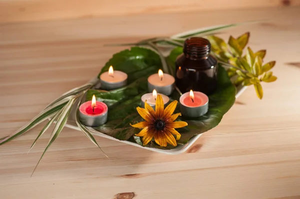 Scened Burn Candles Herbs Massage Oil Wood Background — Stock Photo, Image